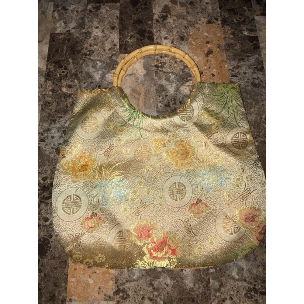 Y2K traditional Chinese style silk brocade handbag with bamboo ring handles.